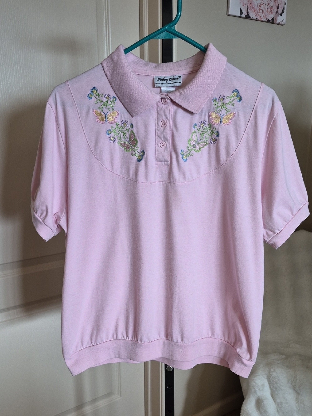 Anthony Richards Womens Vintage Pastel Pink Embroidered Polo Blouse